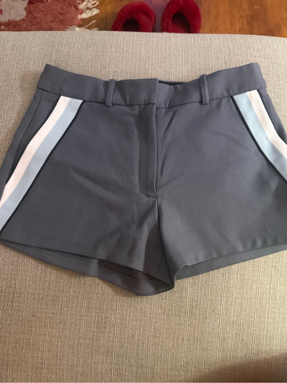 Babaton Slate Blue High-Waist Shorts with Light Blue and White Side Stripes